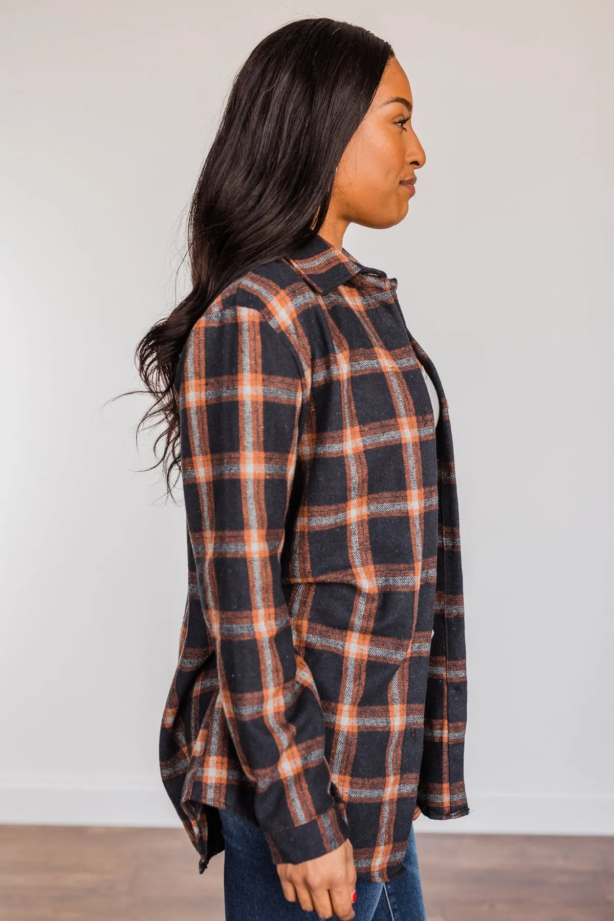 Hot Cocoa Dreams Plaid Flannel- Navy & Orange