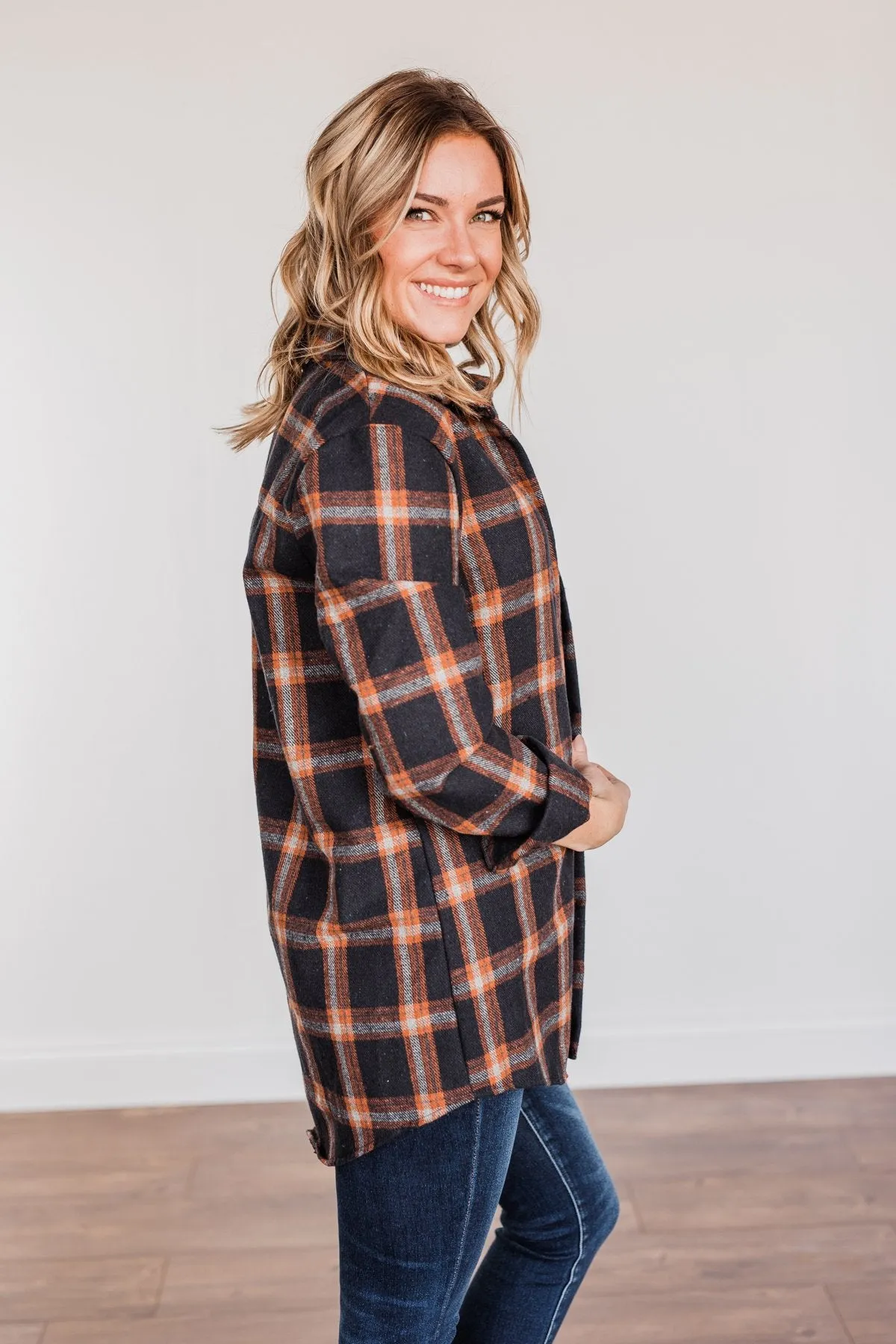 Hot Cocoa Dreams Plaid Flannel- Navy & Orange