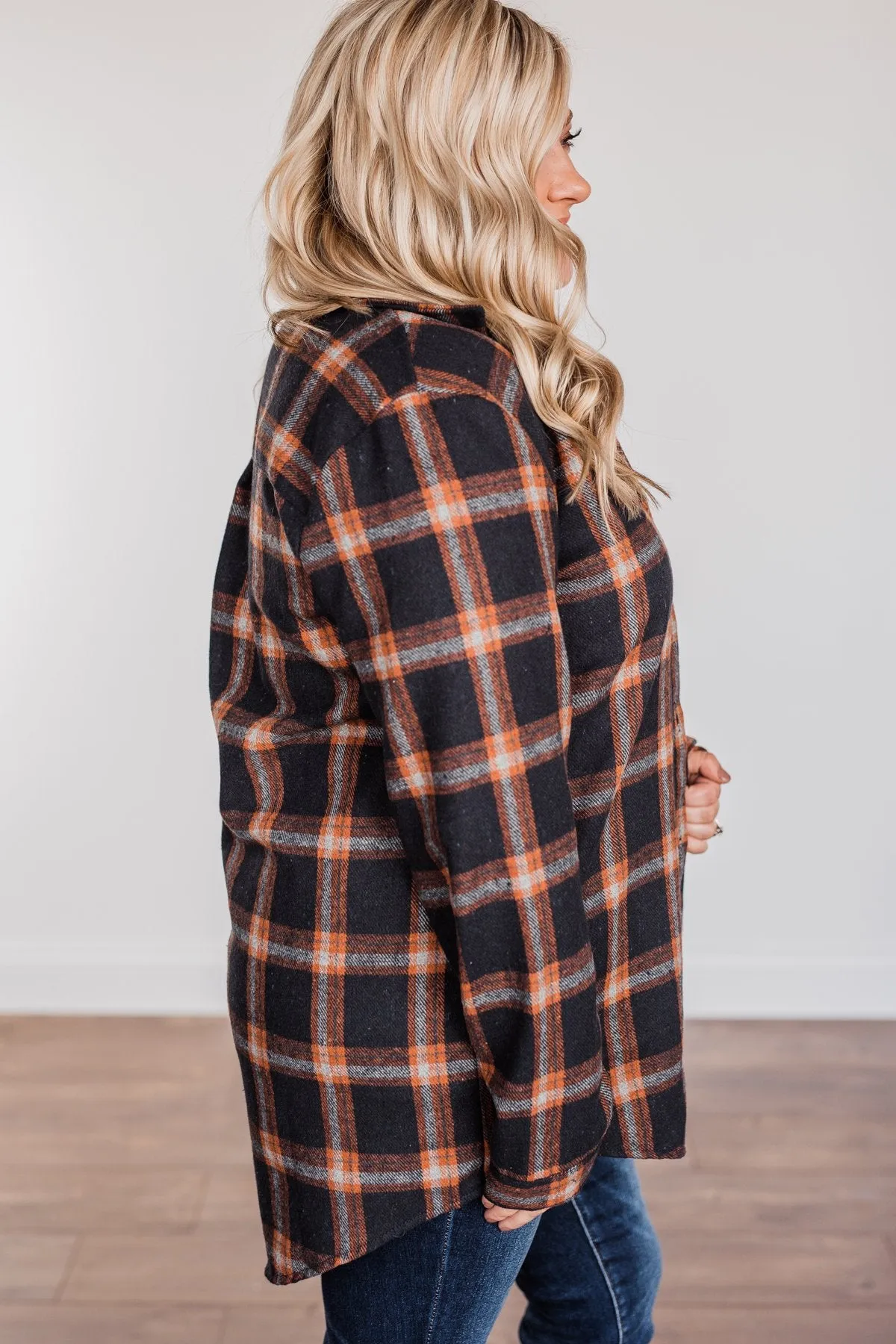 Hot Cocoa Dreams Plaid Flannel- Navy & Orange