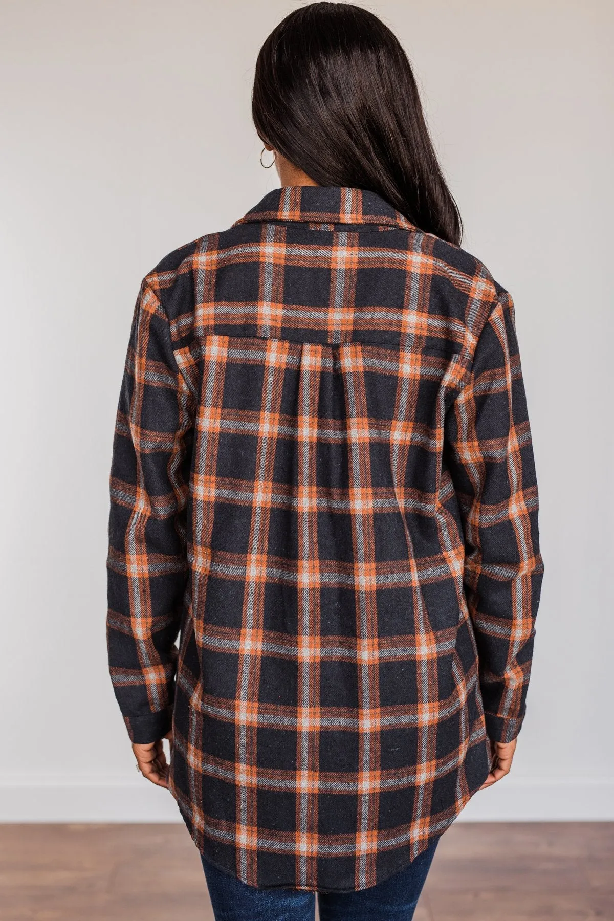 Hot Cocoa Dreams Plaid Flannel- Navy & Orange