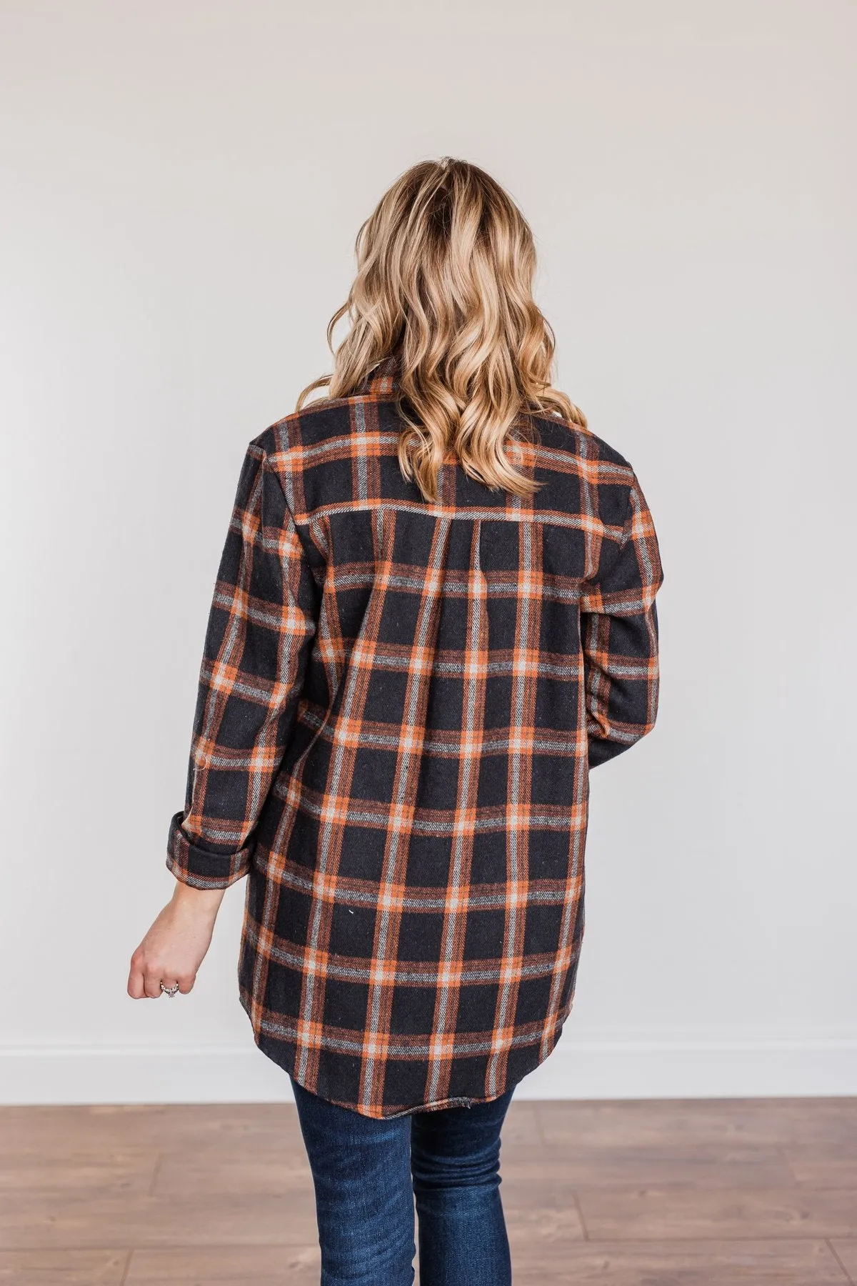 Hot Cocoa Dreams Plaid Flannel- Navy & Orange