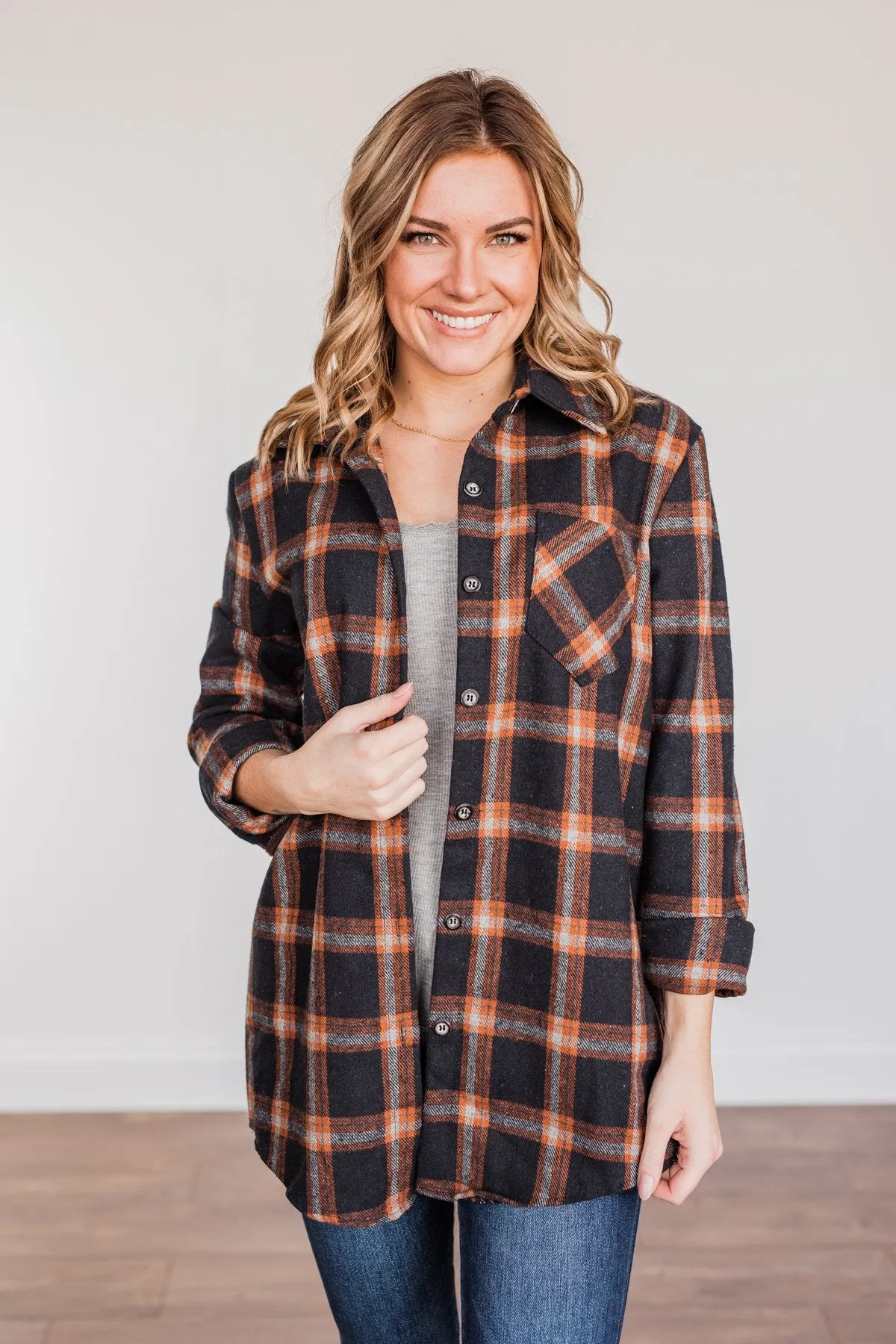 Hot Cocoa Dreams Plaid Flannel- Navy & Orange