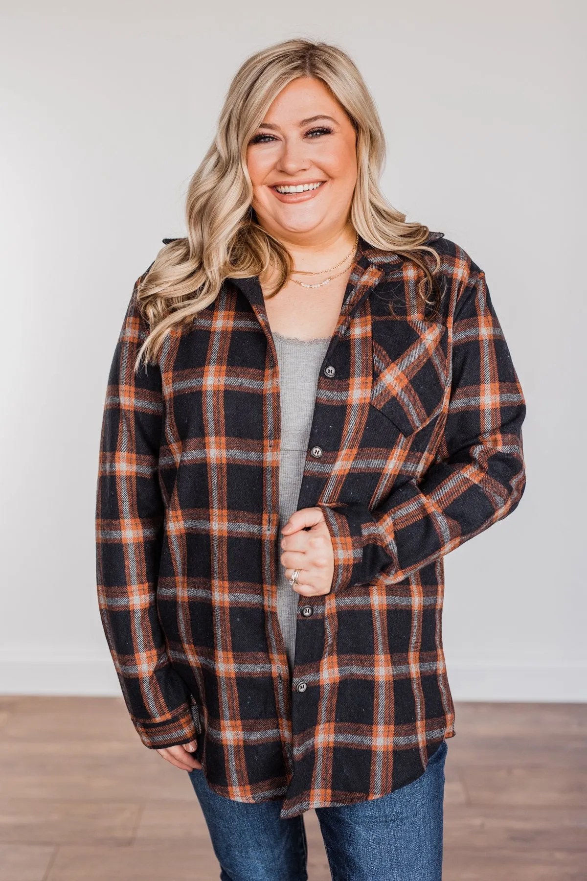 Hot Cocoa Dreams Plaid Flannel- Navy & Orange