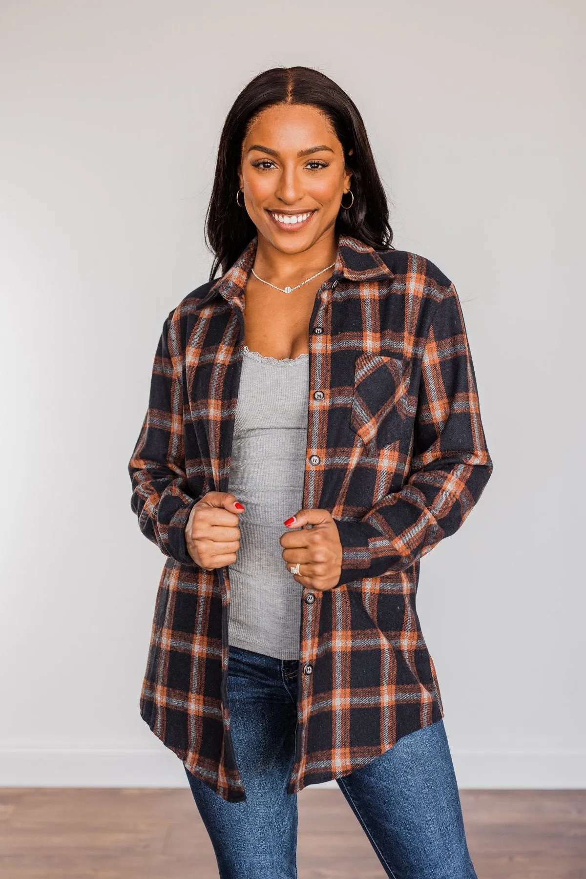 Hot Cocoa Dreams Plaid Flannel- Navy & Orange