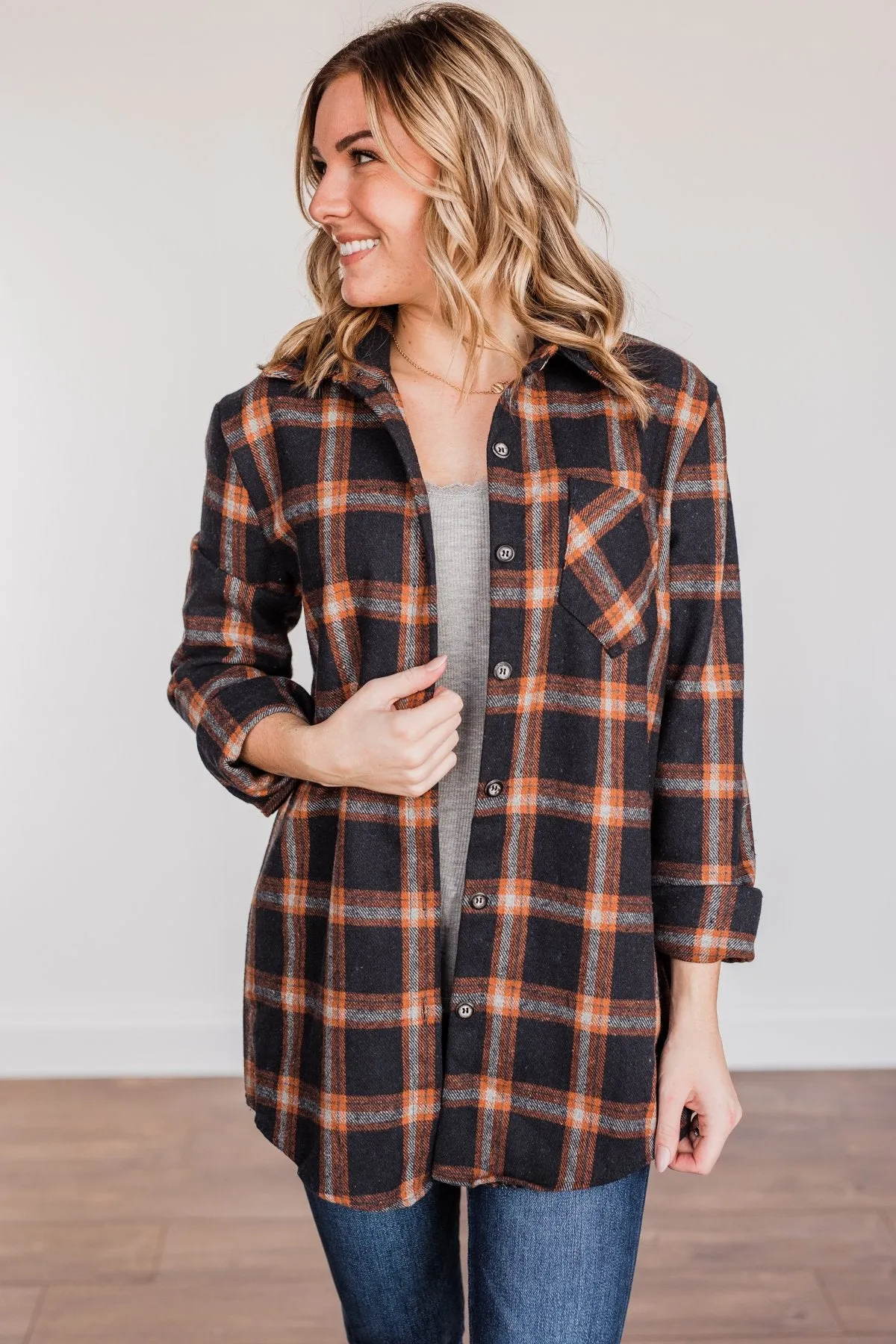 Hot Cocoa Dreams Plaid Flannel- Navy & Orange