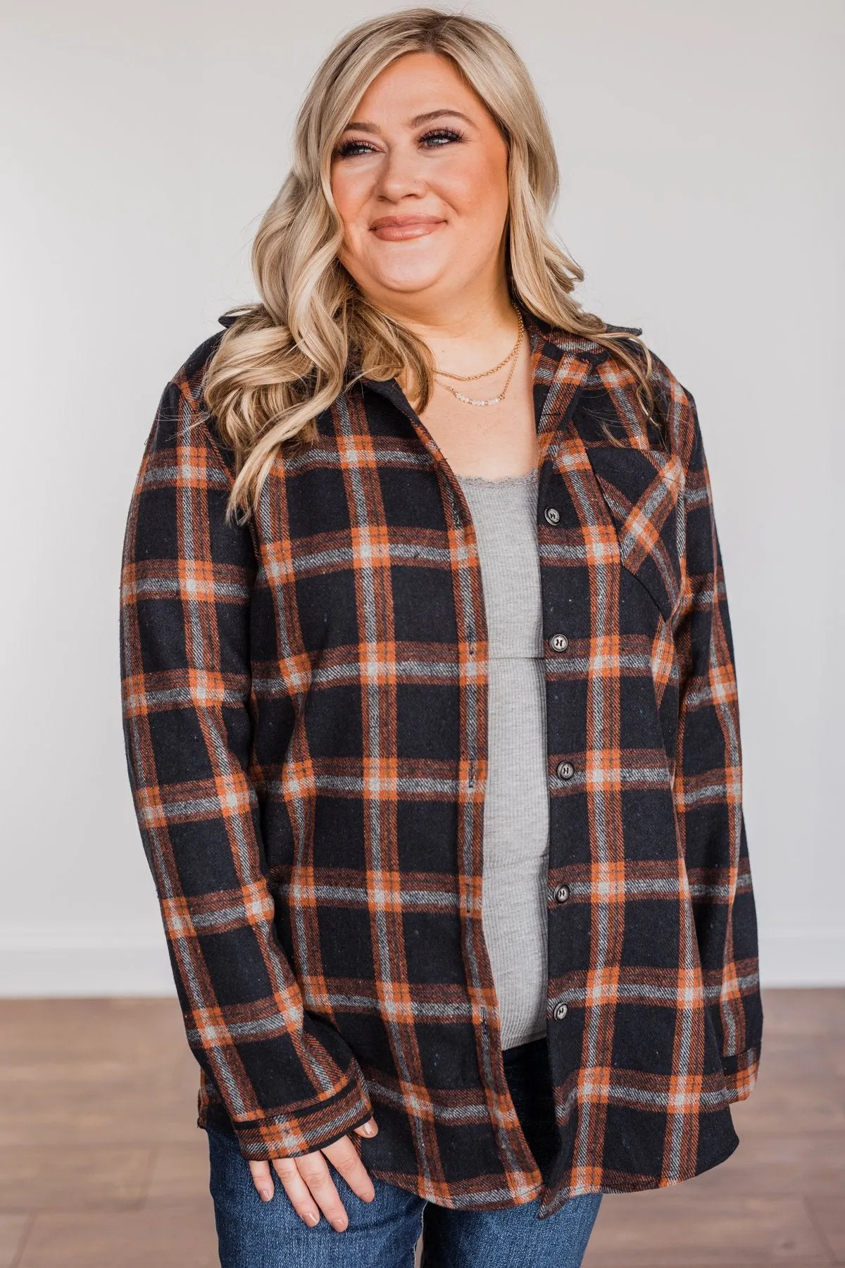 Hot Cocoa Dreams Plaid Flannel- Navy & Orange