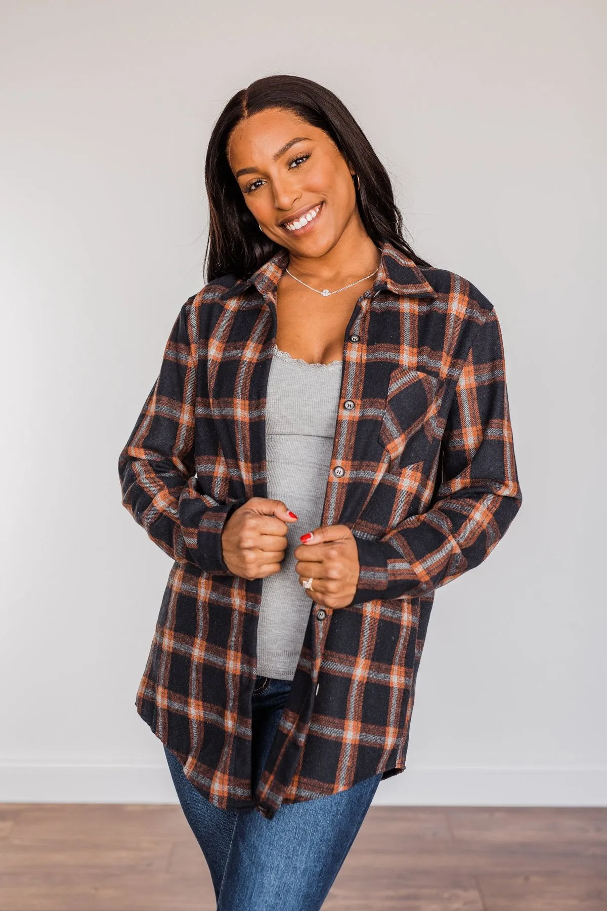 Hot Cocoa Dreams Plaid Flannel- Navy & Orange