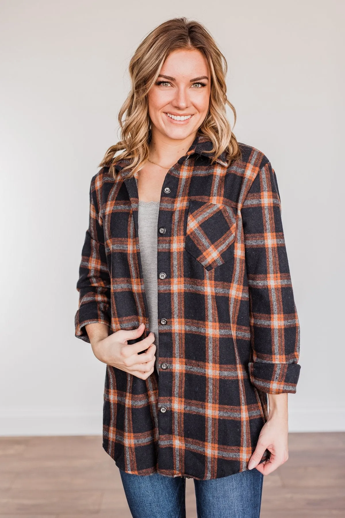 Hot Cocoa Dreams Plaid Flannel- Navy & Orange