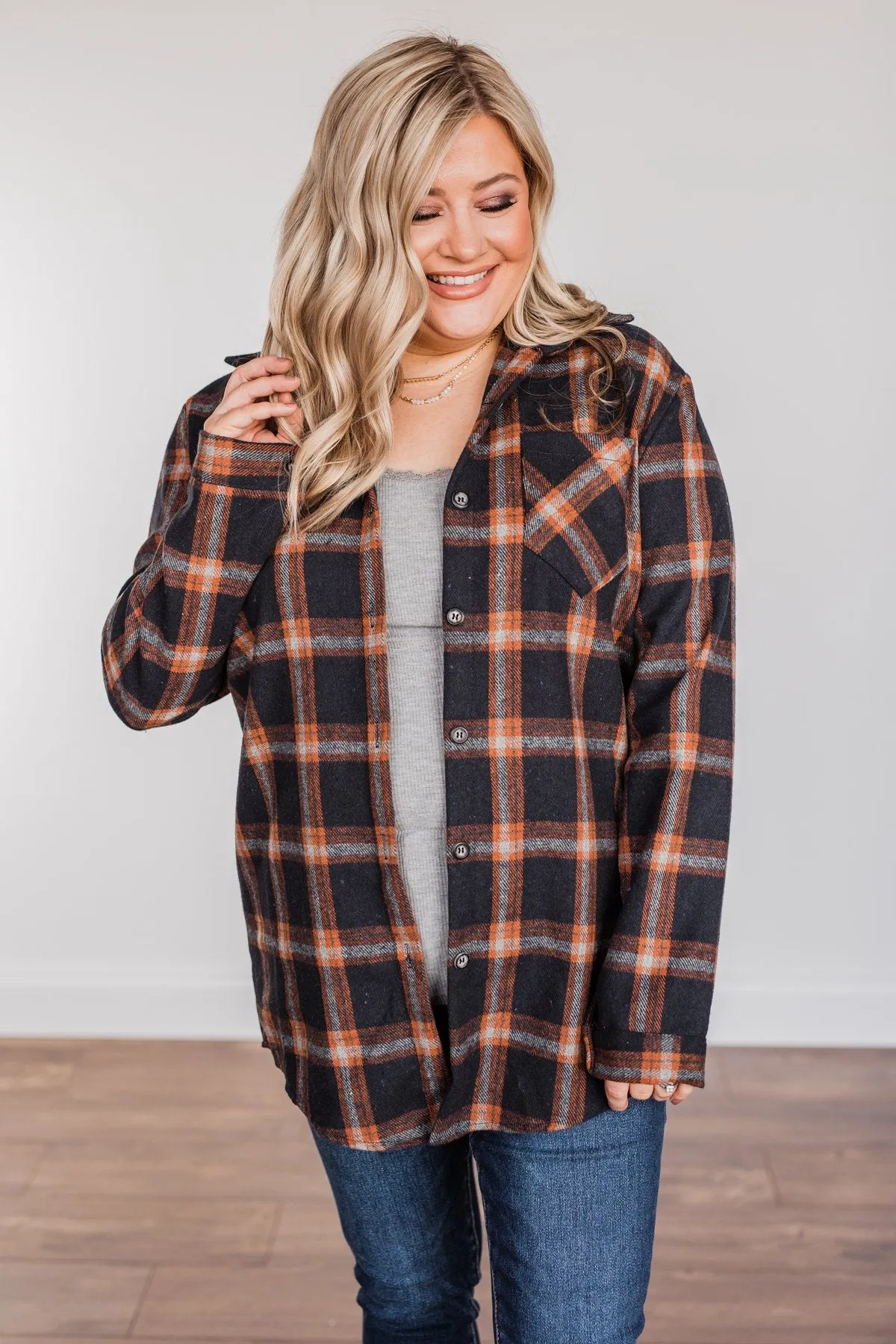 Hot Cocoa Dreams Plaid Flannel- Navy & Orange