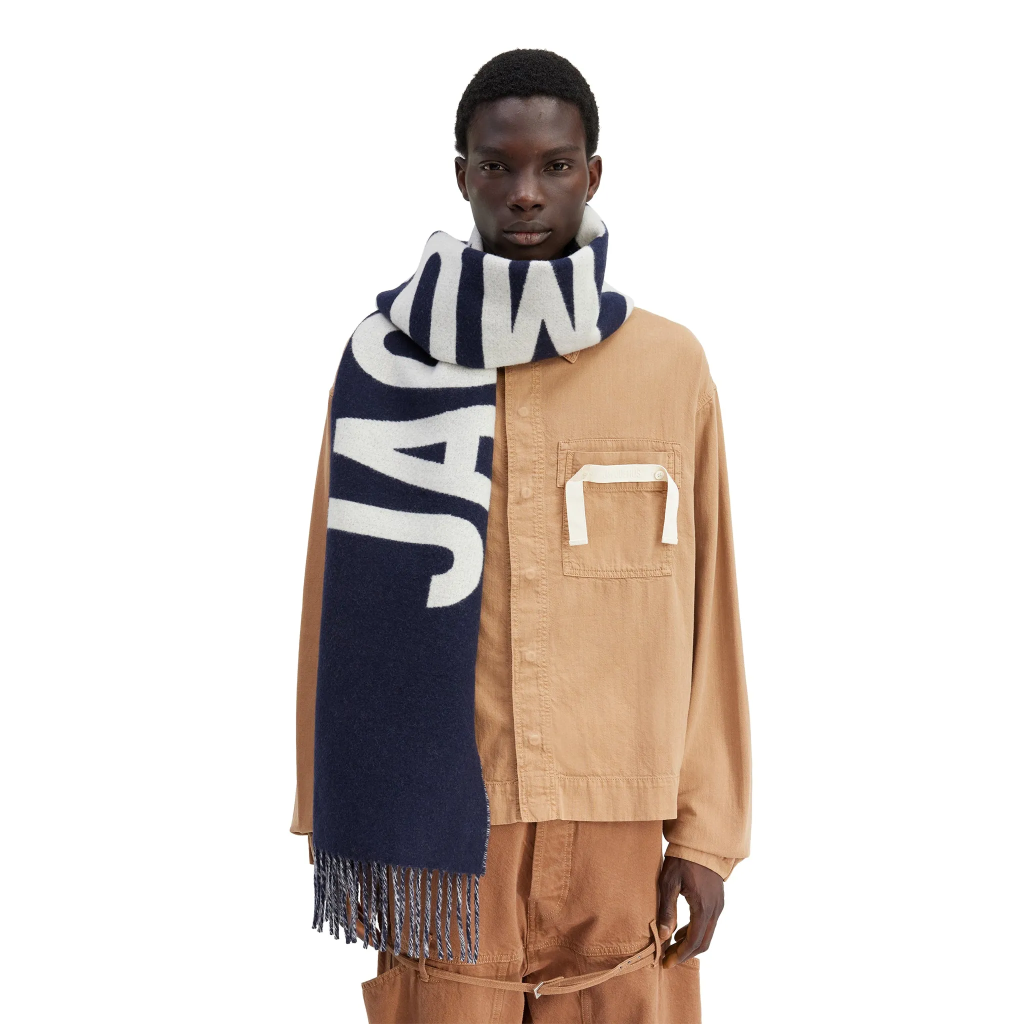 Jacquemus L'echarpe Fringe Logo Navy Scarf