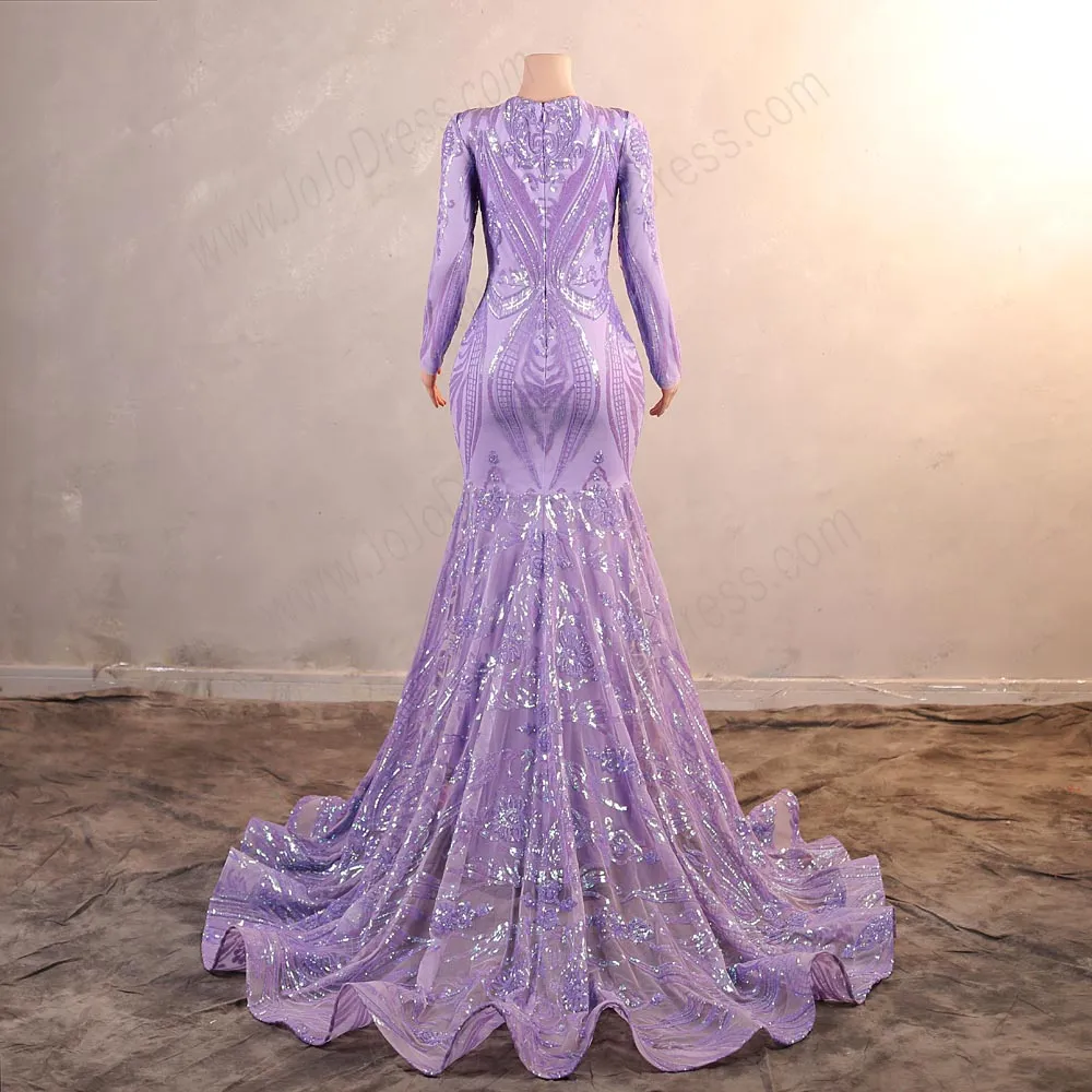 Lilac Purple Maxi Sequins Long Sleeves Mermaid Formal Prom Evening Dress EN5807