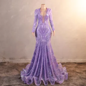 Lilac Purple Maxi Sequins Long Sleeves Mermaid Formal Prom Evening Dress EN5807