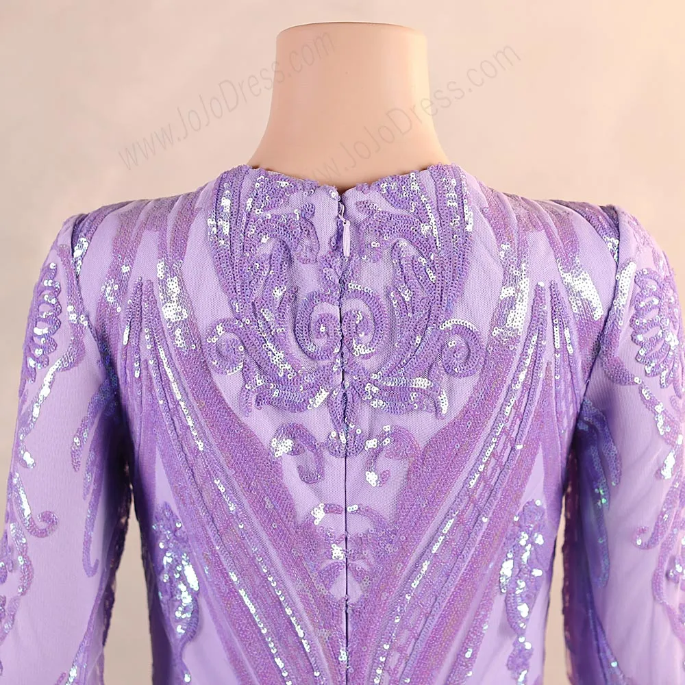 Lilac Purple Maxi Sequins Long Sleeves Mermaid Formal Prom Evening Dress EN5807