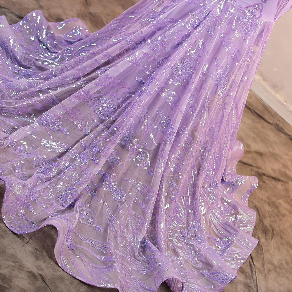 Lilac Purple Maxi Sequins Long Sleeves Mermaid Formal Prom Evening Dress EN5807