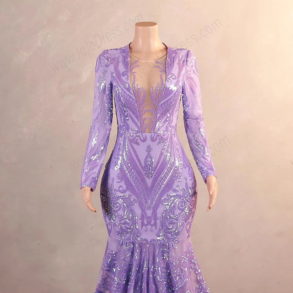 Lilac Purple Maxi Sequins Long Sleeves Mermaid Formal Prom Evening Dress EN5807