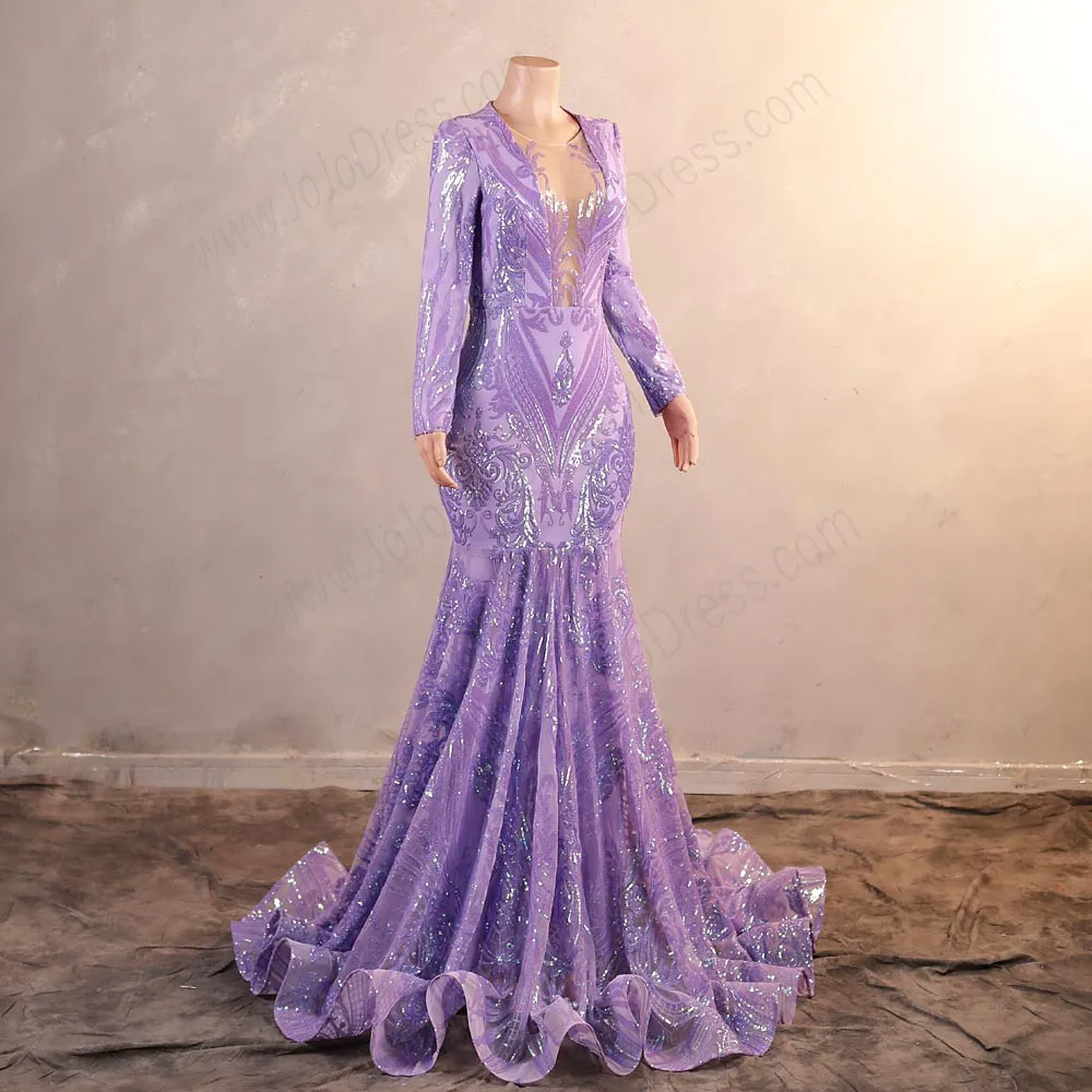 Lilac Purple Maxi Sequins Long Sleeves Mermaid Formal Prom Evening Dress EN5807