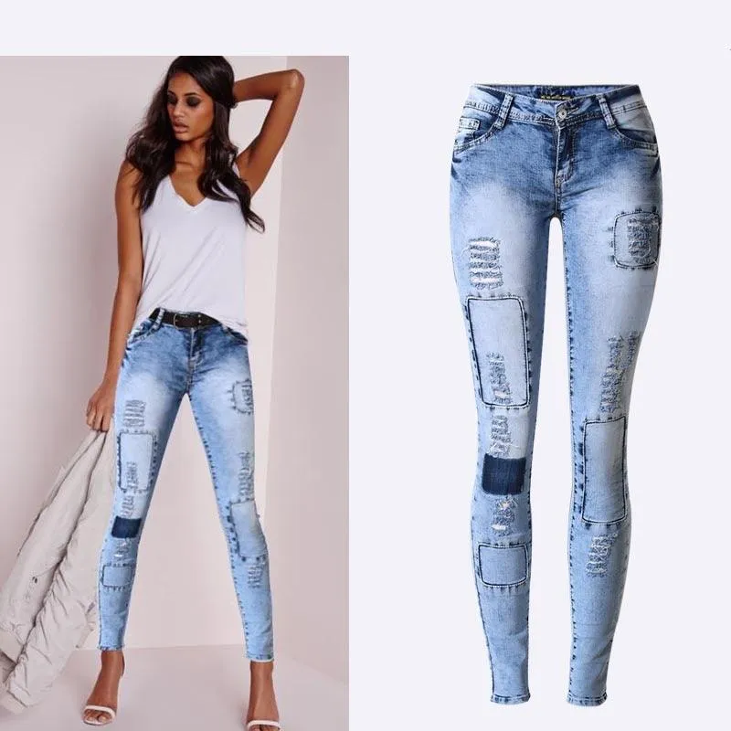 Low Waist Sky Patchwork Skinny Tight Jeans