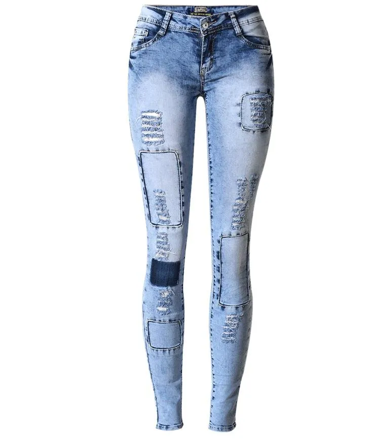 Low Waist Sky Patchwork Skinny Tight Jeans