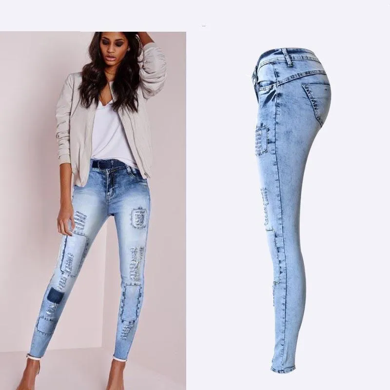 Low Waist Sky Patchwork Skinny Tight Jeans