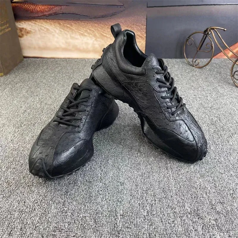 Men's Black Color Genuine Ostrich Skin Leather Lace-up Casual Outdoor Shoes