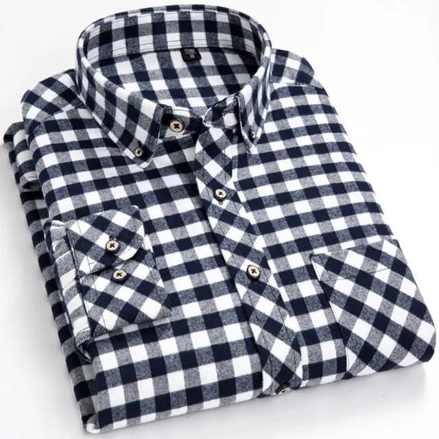 Men's Casual Standard-fit Flannel Single Patch Pocket Long Sleeve Shirt