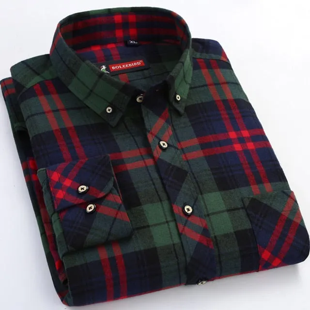 Men's Casual Standard-fit Flannel Single Patch Pocket Long Sleeve Shirt