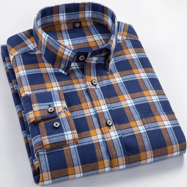 Men's Casual Standard-fit Flannel Single Patch Pocket Long Sleeve Shirt