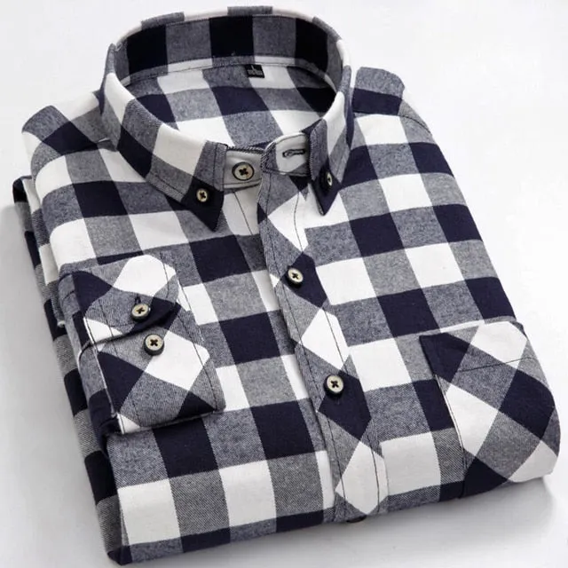 Men's Casual Standard-fit Flannel Single Patch Pocket Long Sleeve Shirt