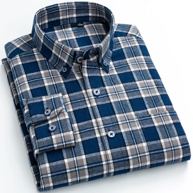 Men's Casual Standard-fit Flannel Single Patch Pocket Long Sleeve Shirt