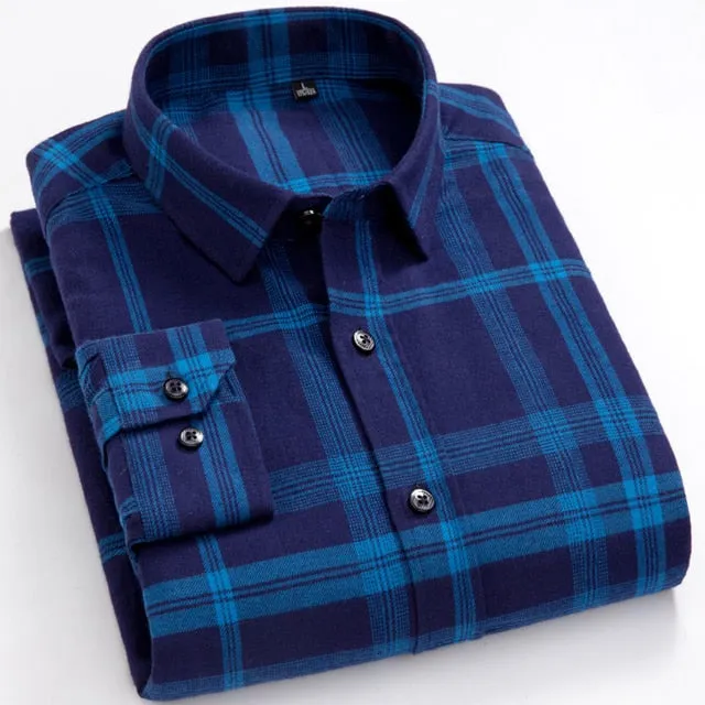 Men's Casual Standard-fit Flannel Single Patch Pocket Long Sleeve Shirt