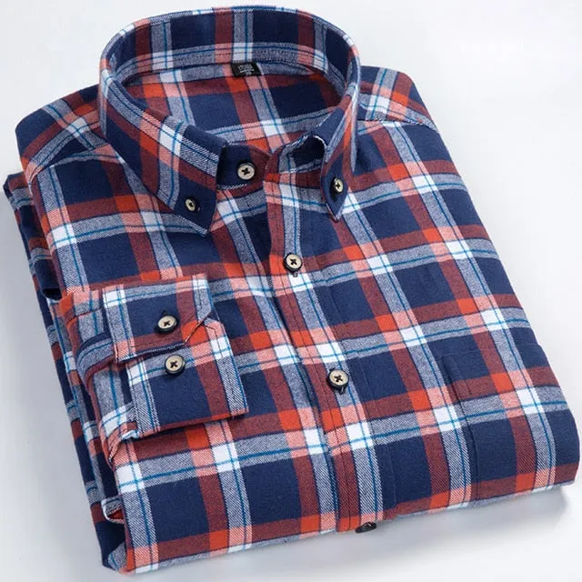 Men's Casual Standard-fit Flannel Single Patch Pocket Long Sleeve Shirt