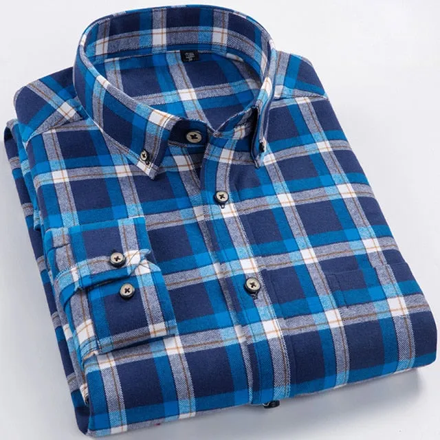 Men's Casual Standard-fit Flannel Single Patch Pocket Long Sleeve Shirt