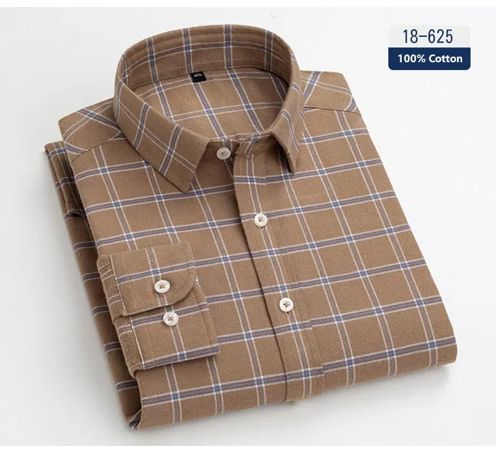 Men's Casual Style Flannel Plaid Striped Standard-fit Long Sleeve Shirt