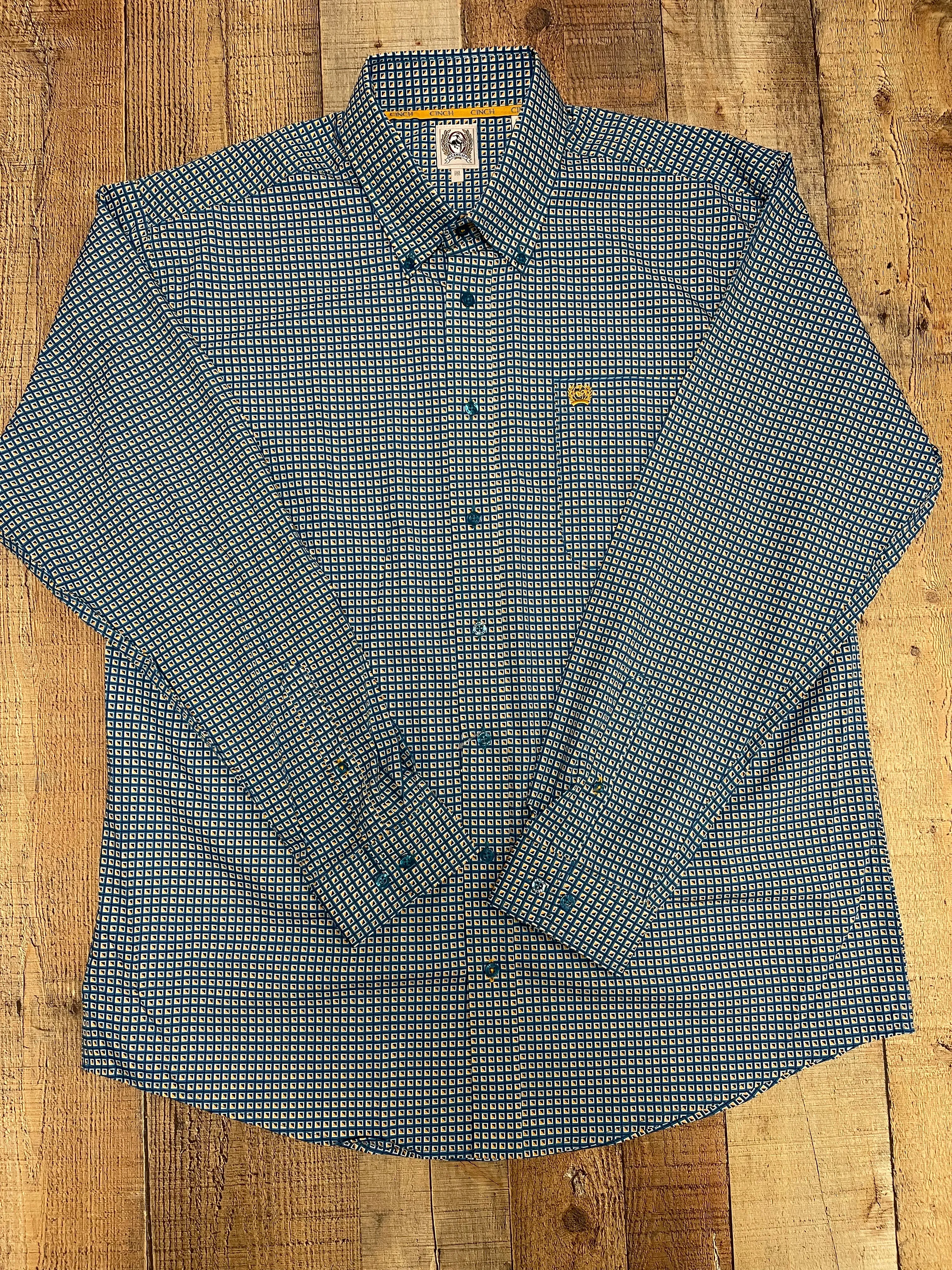 MEN'S GEOMETRIC PRINT BUTTON-DOWN WESTERN SHIRT - GRAY / TEAL