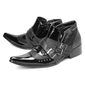 Men's Japanese Super Star Leather Pointed Toe Rivets Pleated Strap Boots