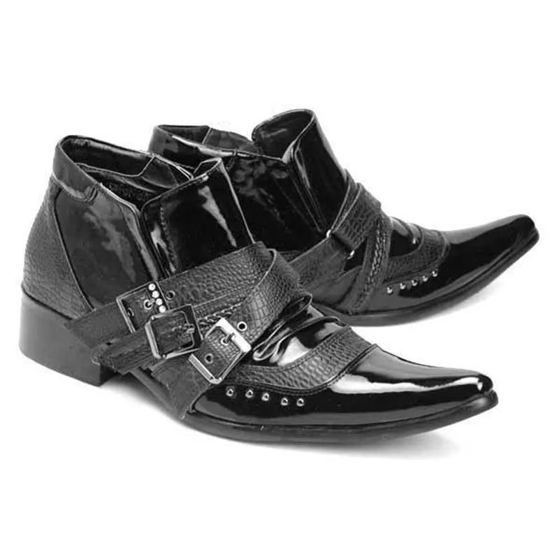 Men's Japanese Super Star Leather Pointed Toe Rivets Pleated Strap Boots