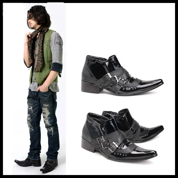 Men's Japanese Super Star Leather Pointed Toe Rivets Pleated Strap Boots