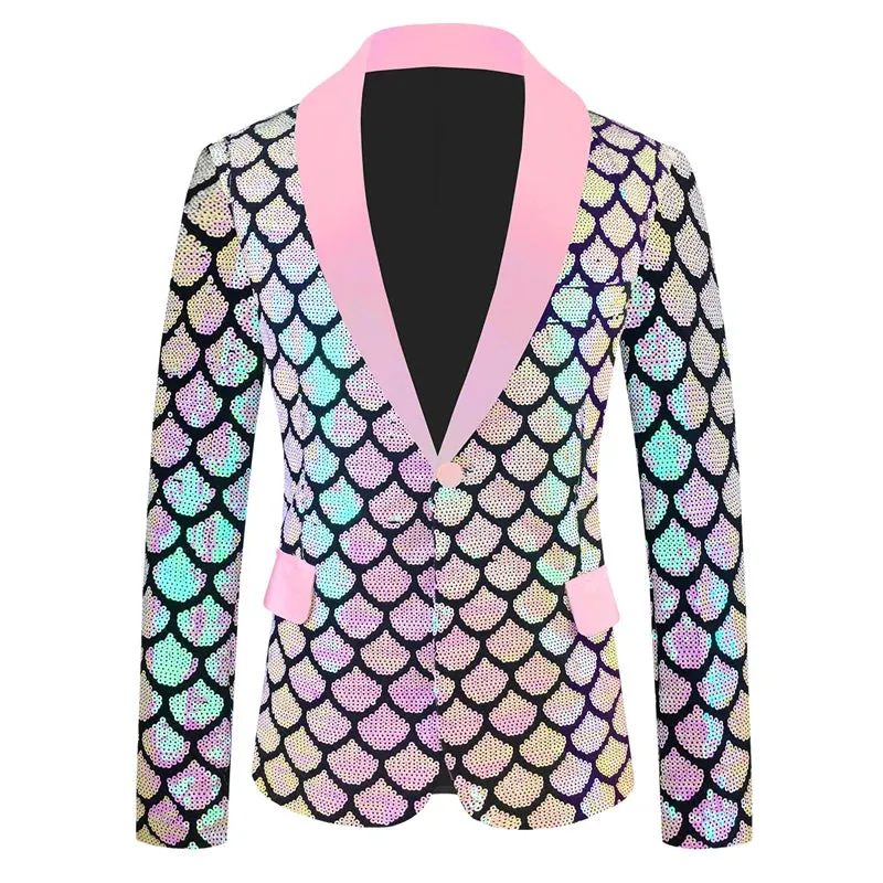 Men's Shiny Fish Scale Sequin Slim Fit One Button Wedding Party Blazer