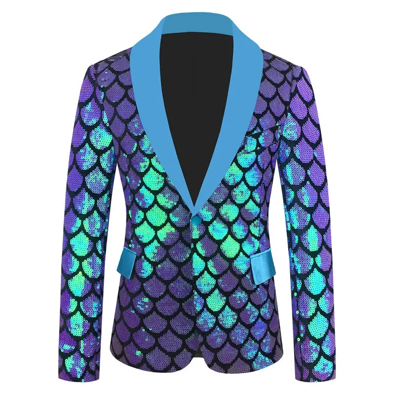 Men's Shiny Fish Scale Sequin Slim Fit One Button Wedding Party Blazer