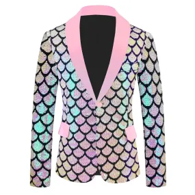 Men's Shiny Fish Scale Sequin Slim Fit One Button Wedding Party Blazer