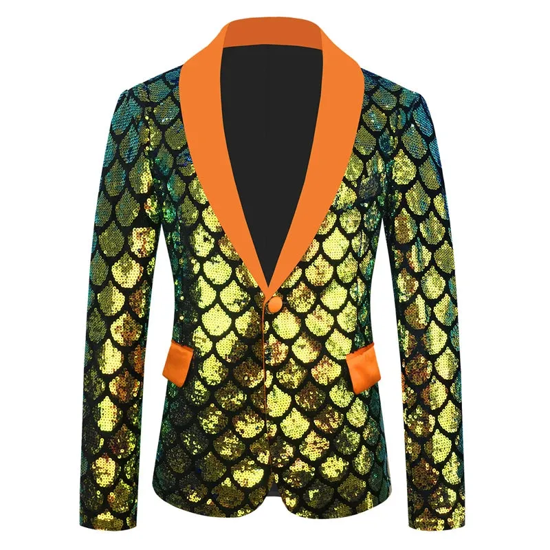 Men's Shiny Fish Scale Sequin Slim Fit One Button Wedding Party Blazer