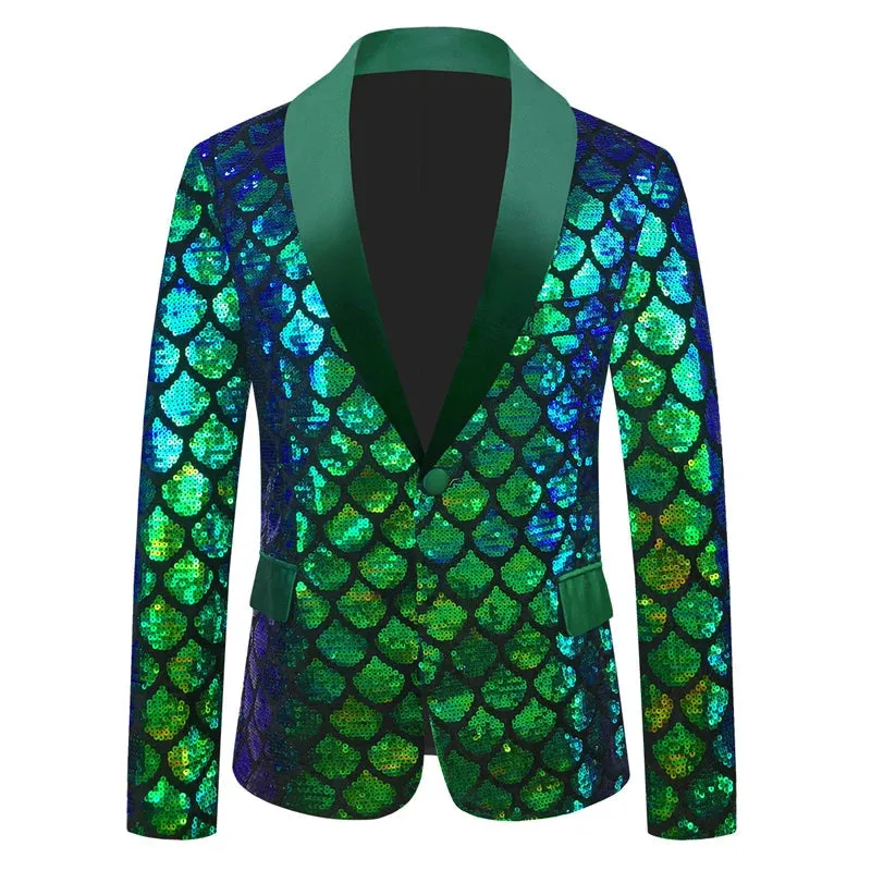 Men's Shiny Fish Scale Sequin Slim Fit One Button Wedding Party Blazer