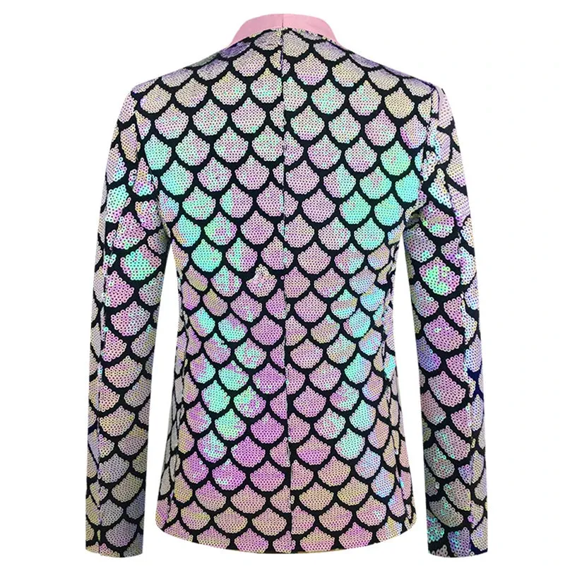 Men's Shiny Fish Scale Sequin Slim Fit One Button Wedding Party Blazer