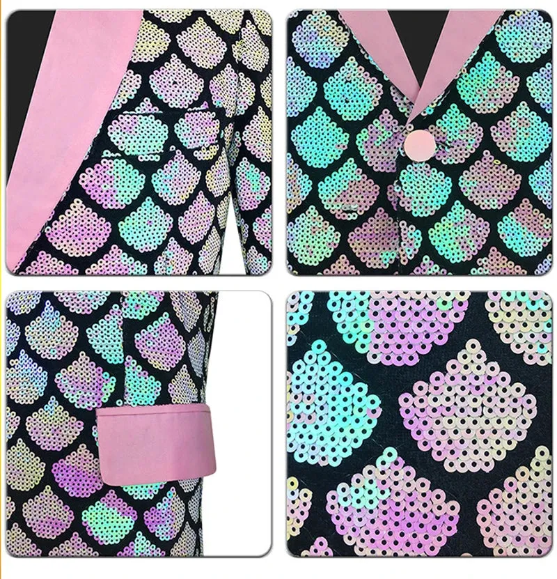 Men's Shiny Fish Scale Sequin Slim Fit One Button Wedding Party Blazer