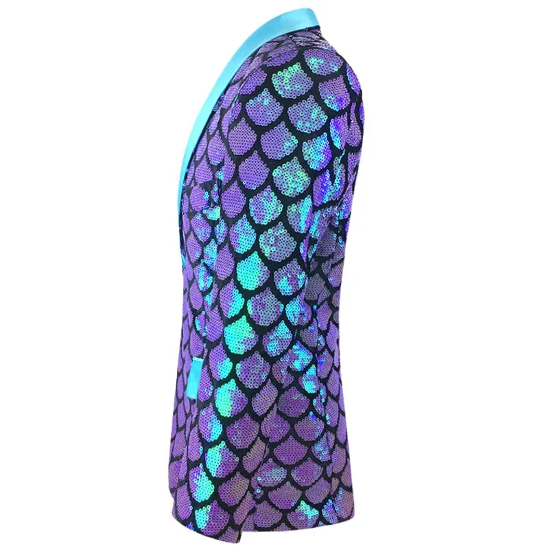 Men's Shiny Fish Scale Sequin Slim Fit One Button Wedding Party Blazer