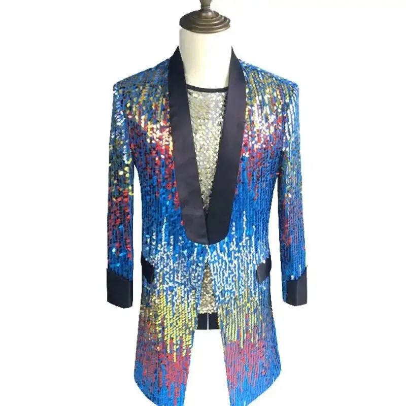 Men's Shiny Sequin Shawl Collar Slim Fit Stage Performance Prom Party Blazer