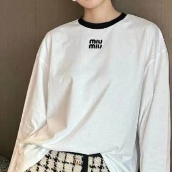 MiuMiu  |Crew Neck Long Sleeves Plain Cotton Long Sleeve T-shirt Logo