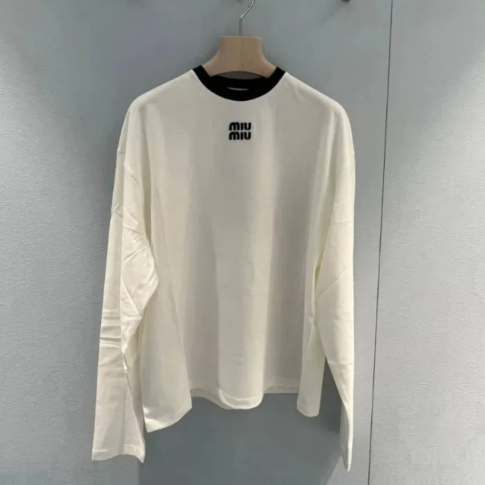 MiuMiu  |Crew Neck Long Sleeves Plain Cotton Long Sleeve T-shirt Logo