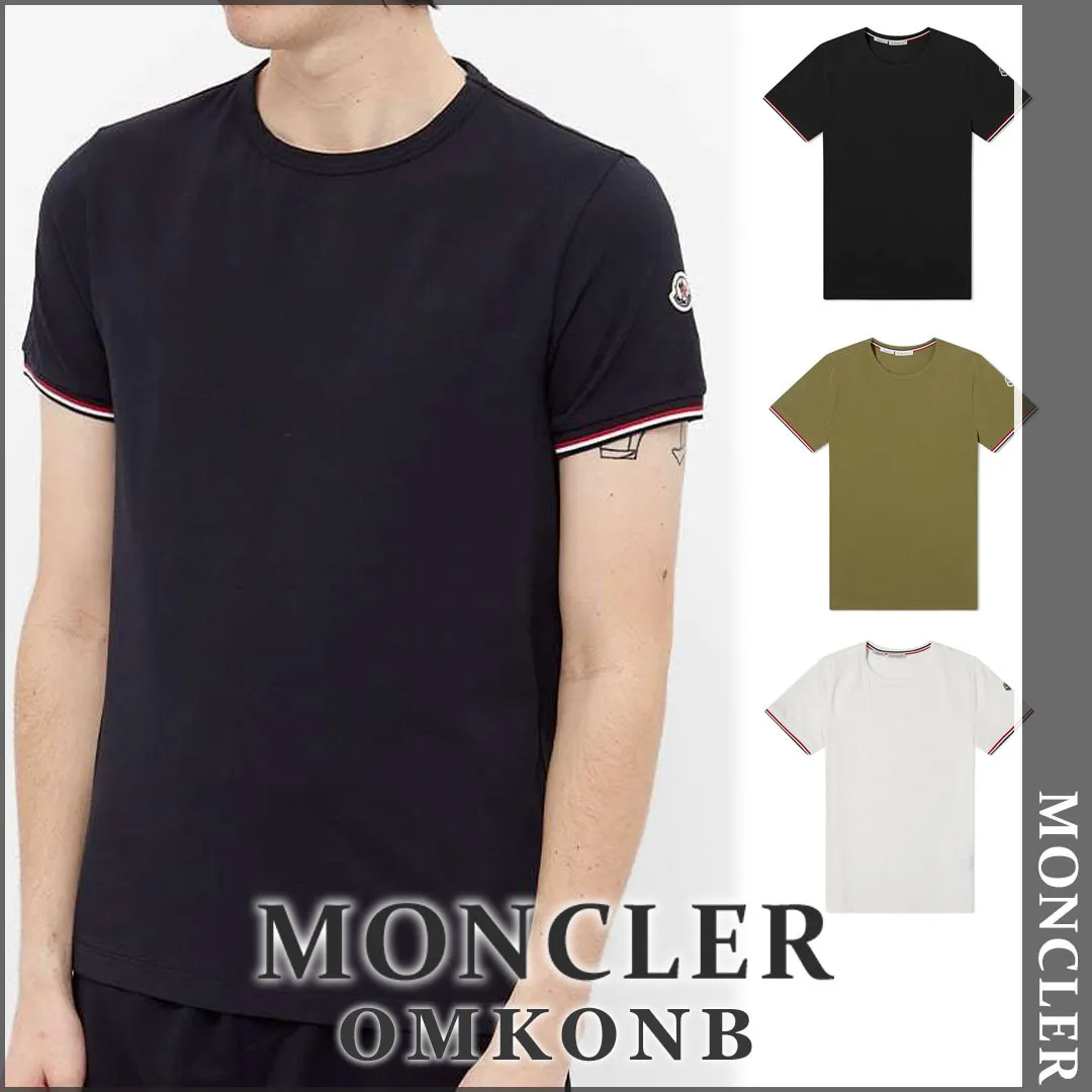 MONCLER  |Crew Neck Pullovers Stripes Cotton Short Sleeves Logo