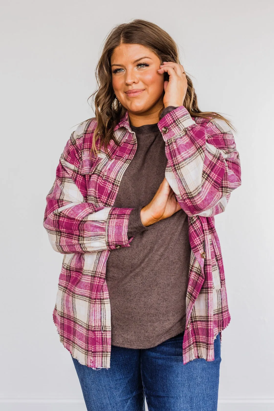 My Hearts Racing Flannel Top- Magenta & Taupe